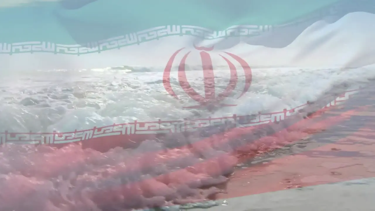 Animation of flag of iran waving over sunny sea