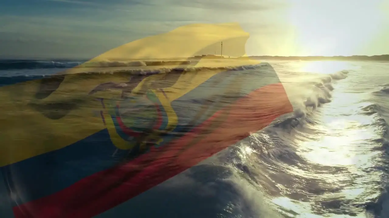 Animation of flag of ecuador waving over seascape