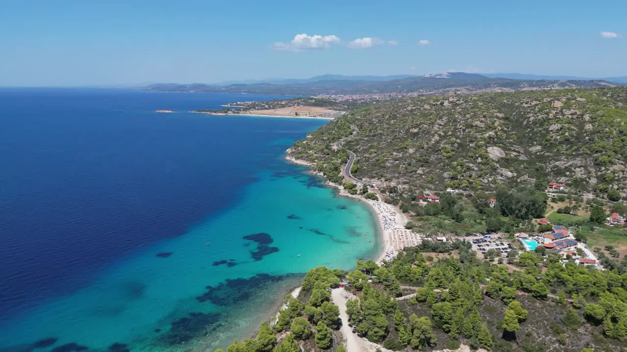 Halkidiki Coast and Beach Resort Hotel in Kassandra Greece Aerial 4k