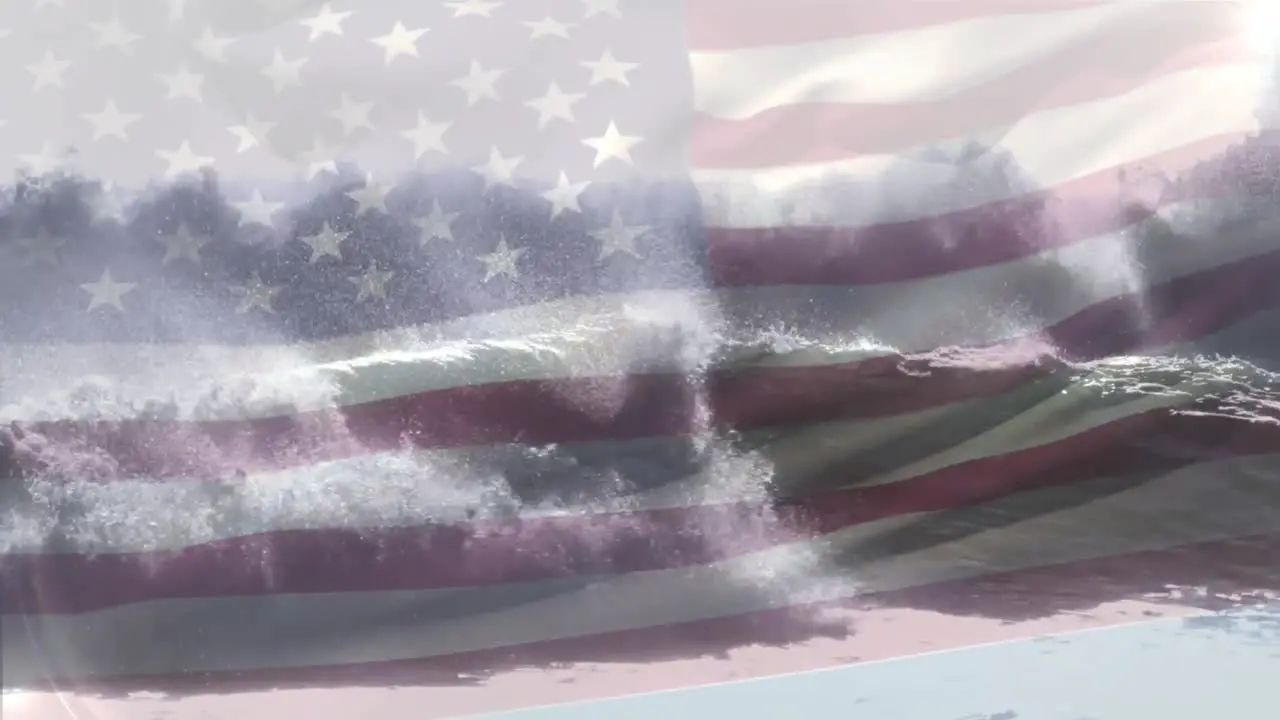 Animation of flag of america waving over breaking sea waves