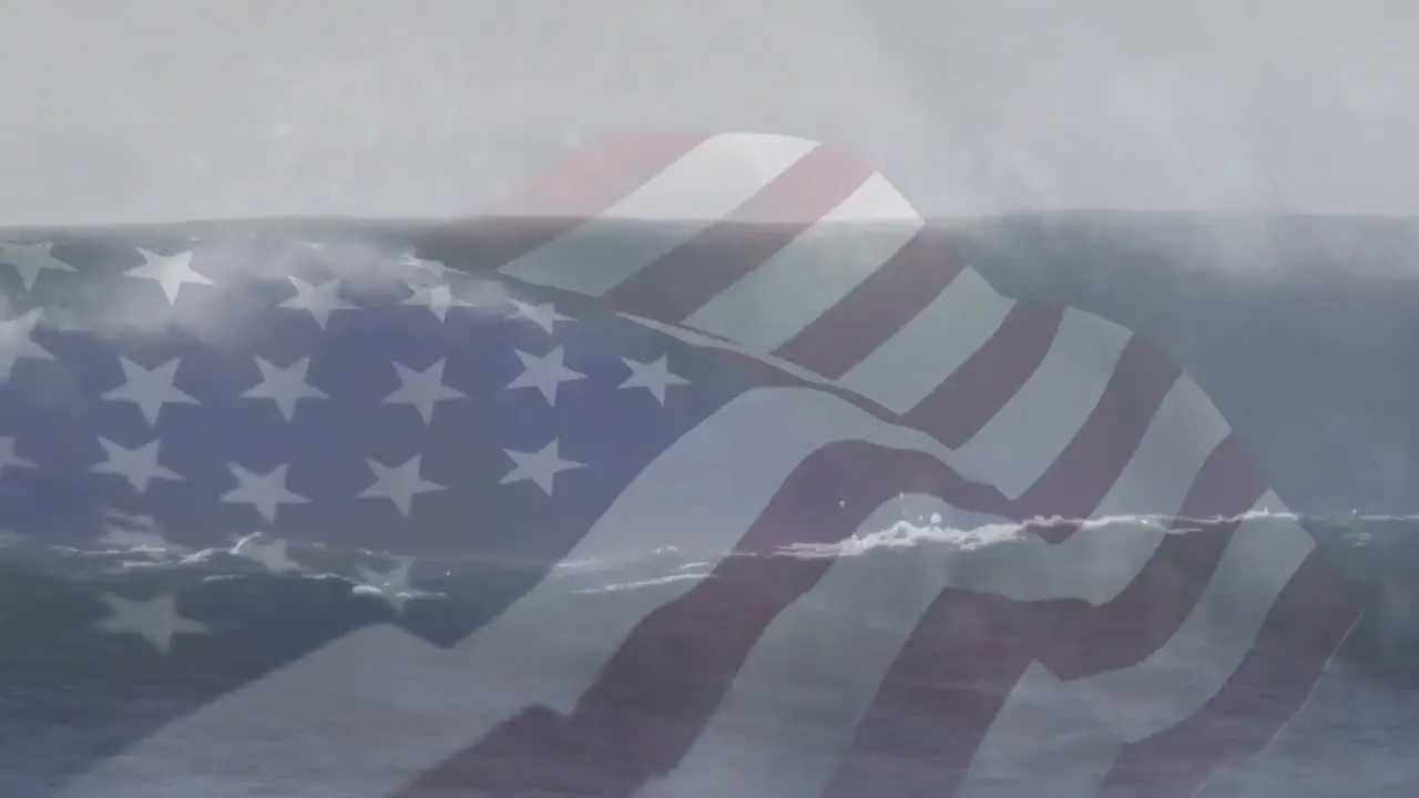 Animation of flag of america waving over waves breaking in sea