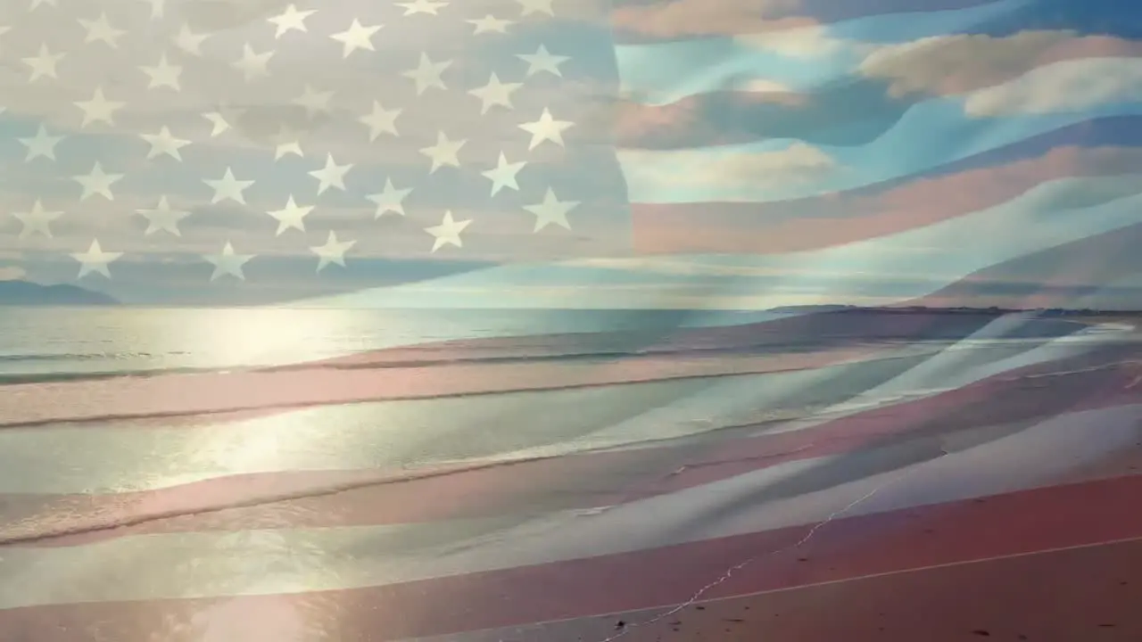 Animation of flag of america waving over sunny beach