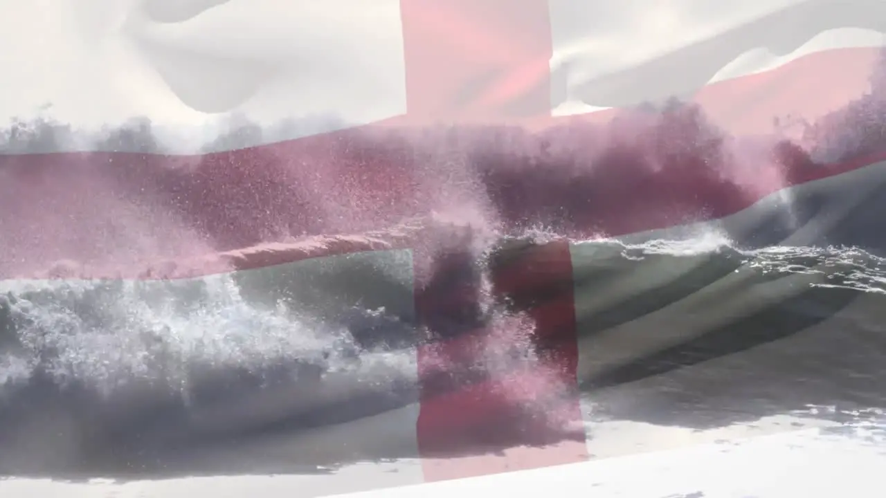 Animation of flag of england waving over breaking sea waves