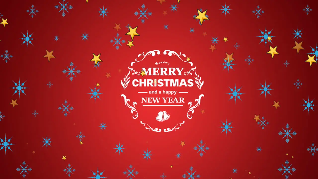 Animation of merry christmas and a happy new year text with stars and snowflakes over red background