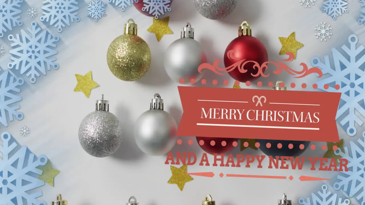 Animation of merry christmas and happy new year text over snowflakes stars and baubles