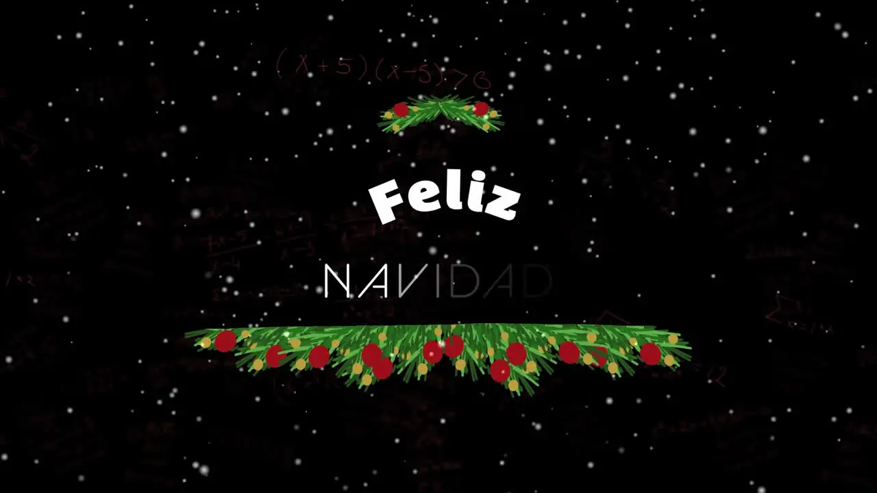 Animation of snowfall over feliz navidad text with fruits and leaves against black background