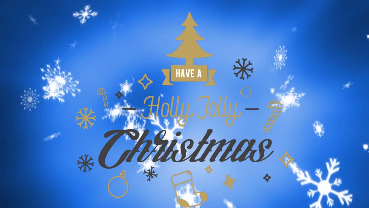 Animation of have a holly jolly christmas with sticks baubles tree over snowflakes in background