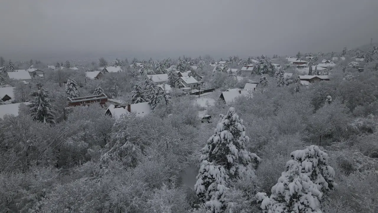 Snowy Foggy Winter Aerial Footage of Snow Trees Houses