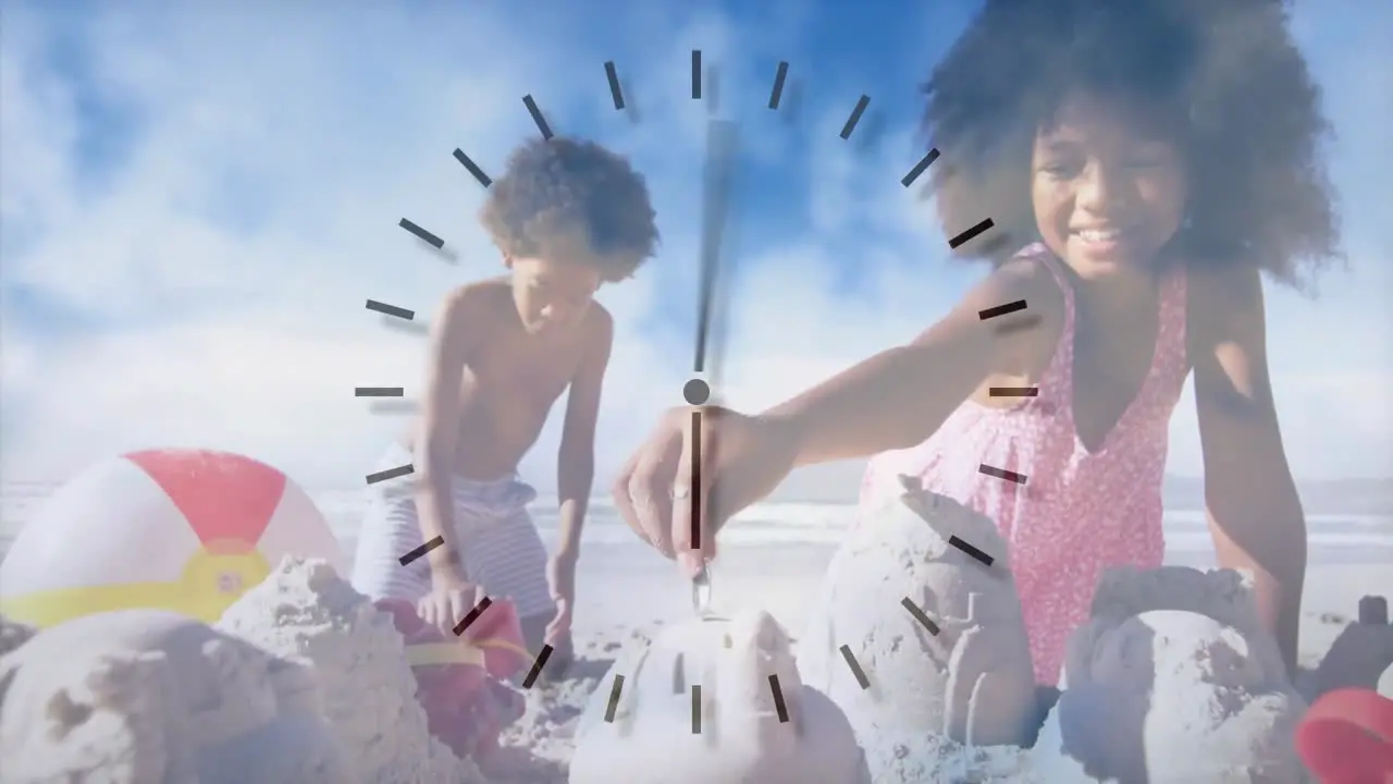 Animation of happy african american brother and sister playing at beach over clock