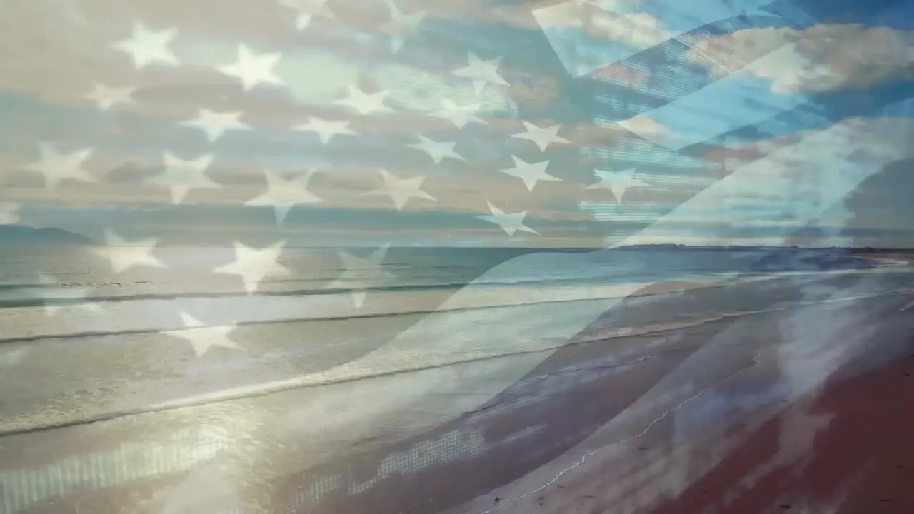 Animation of flag of america waving over sunny sea and beach