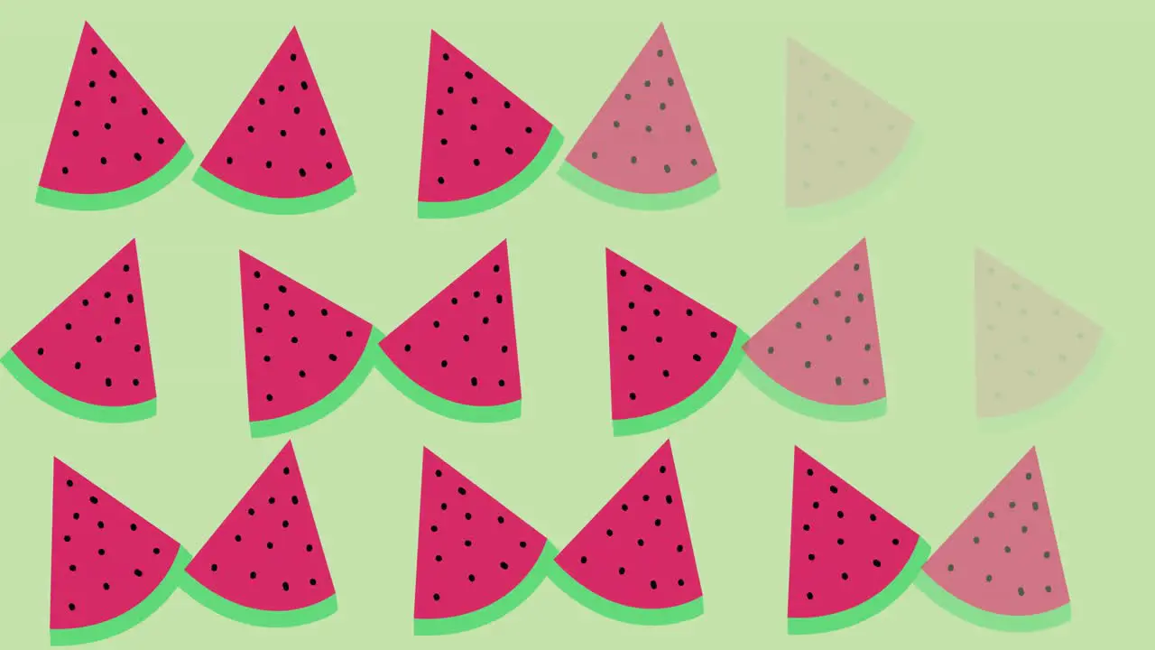 Animation of single watermelons floating on green background