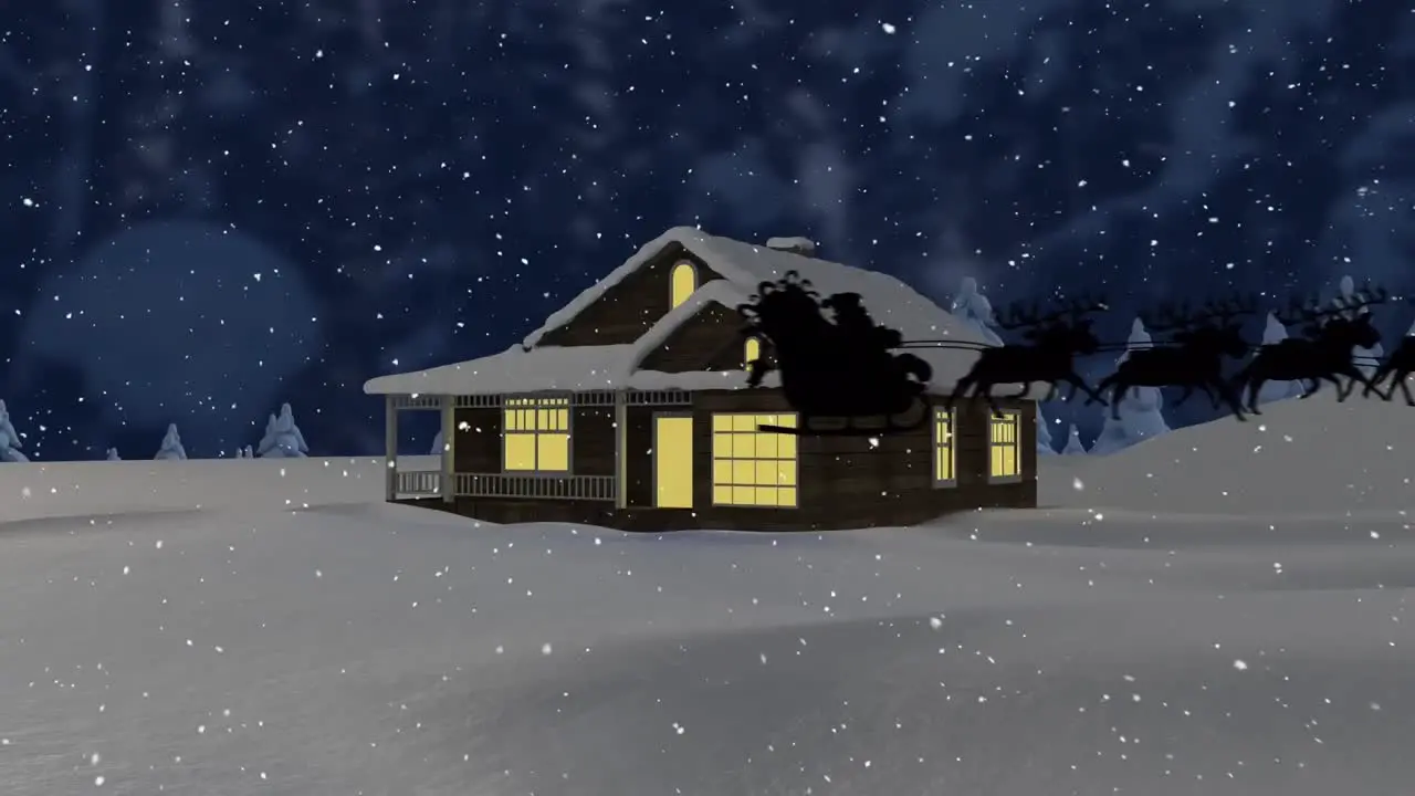 Animation of silhouette santa on sleigh flying with reindeer against snow covered house at night