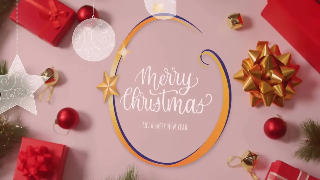 Animation of merry christmas and a happy new year text in circular pattern over baubles and gifts