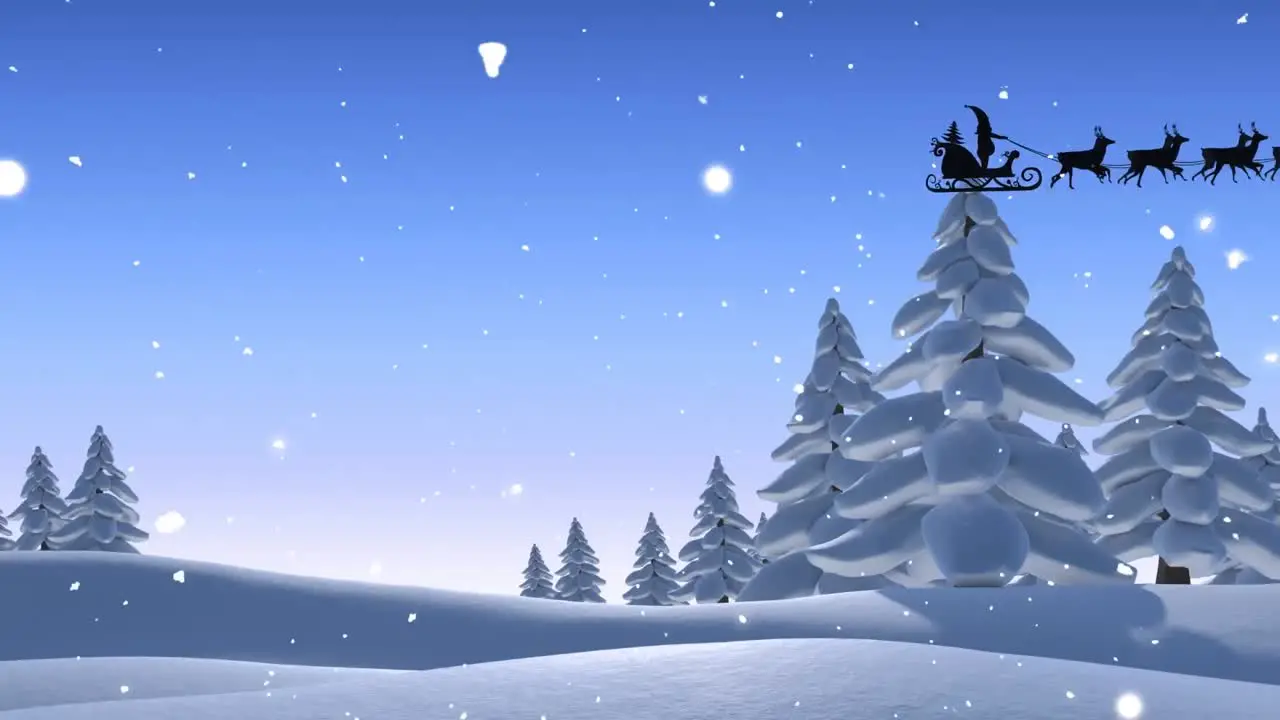 Animation of santa riding sleigh over snow falling on land and trees against clear sky