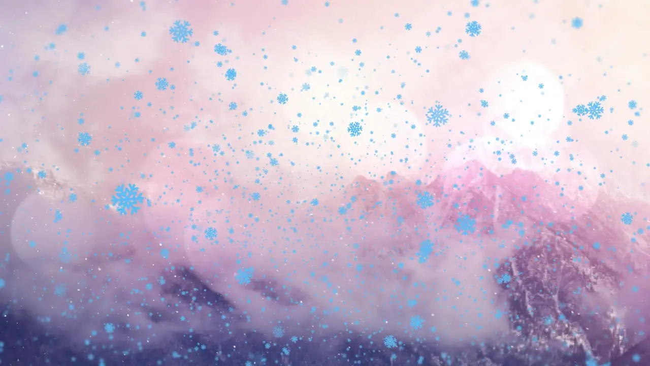 Animation of blue snowflakes falling on mountains against lens flares during foggy weather