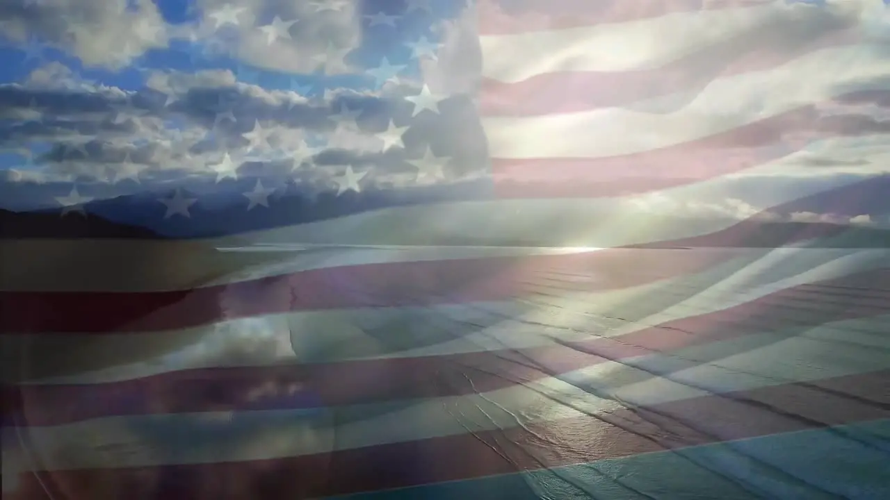 Animation of flag of america waving over sunny beach and waves in sea