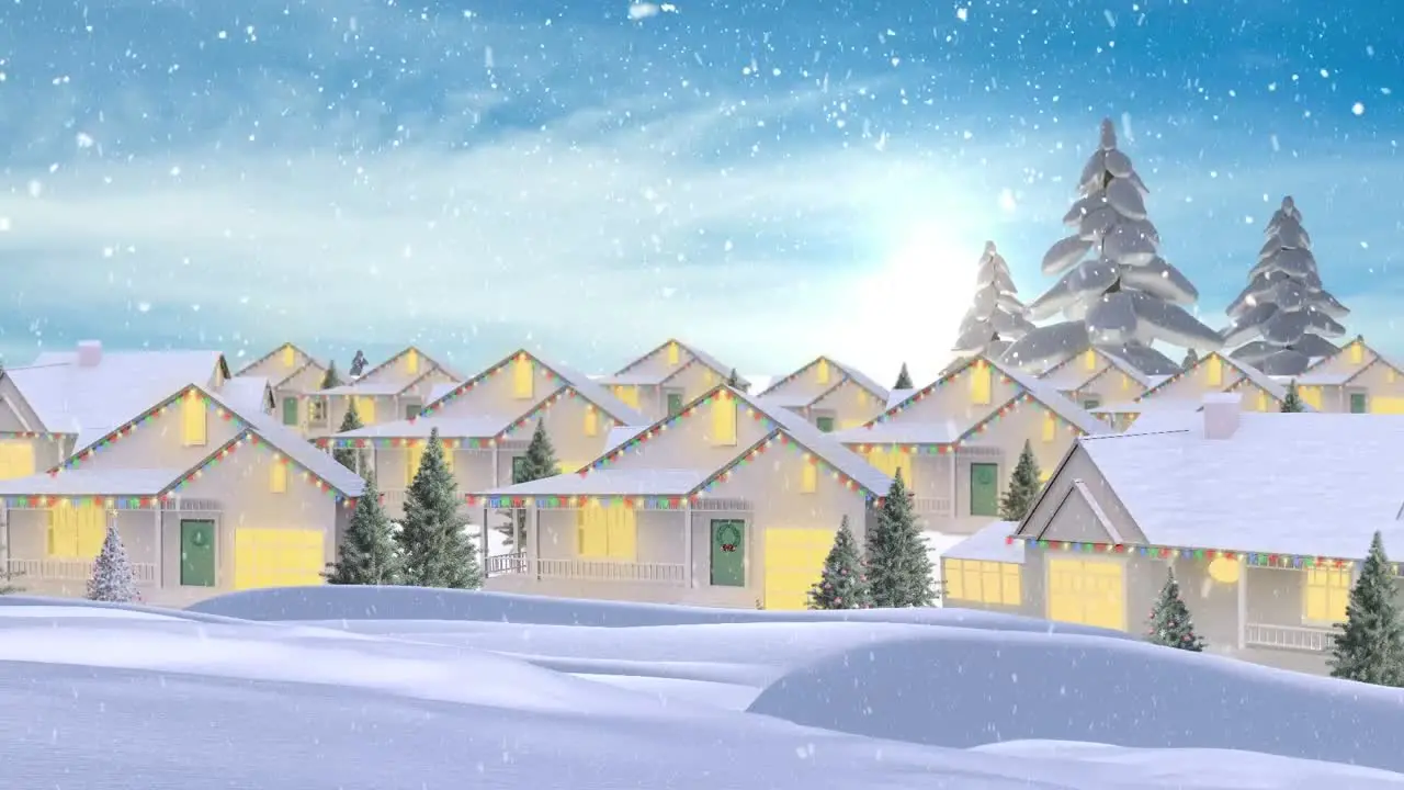 Animation of snow falling on vector houses in town against blue cloudy sky