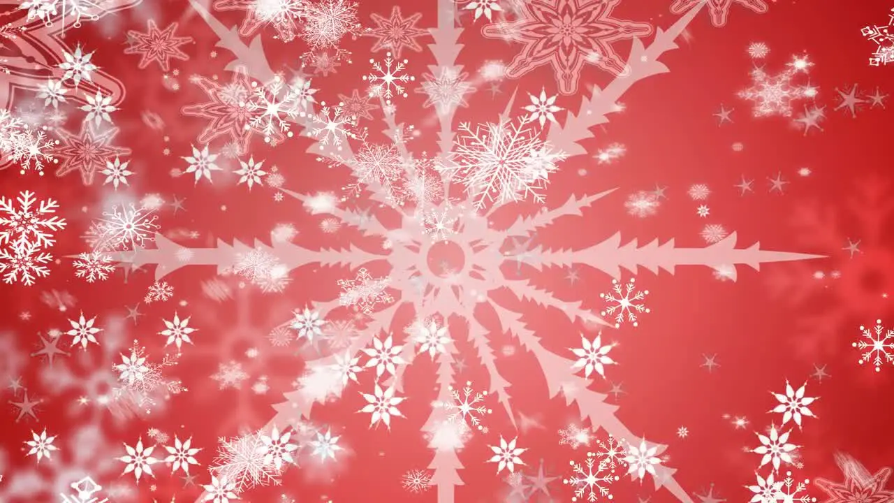 Animation of vector snowflakes moving on red and abstract background