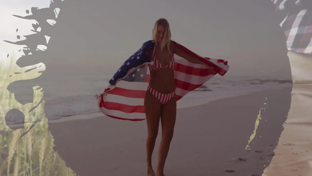 Animation of frame over caucasian woman with usa flag dancing on beach