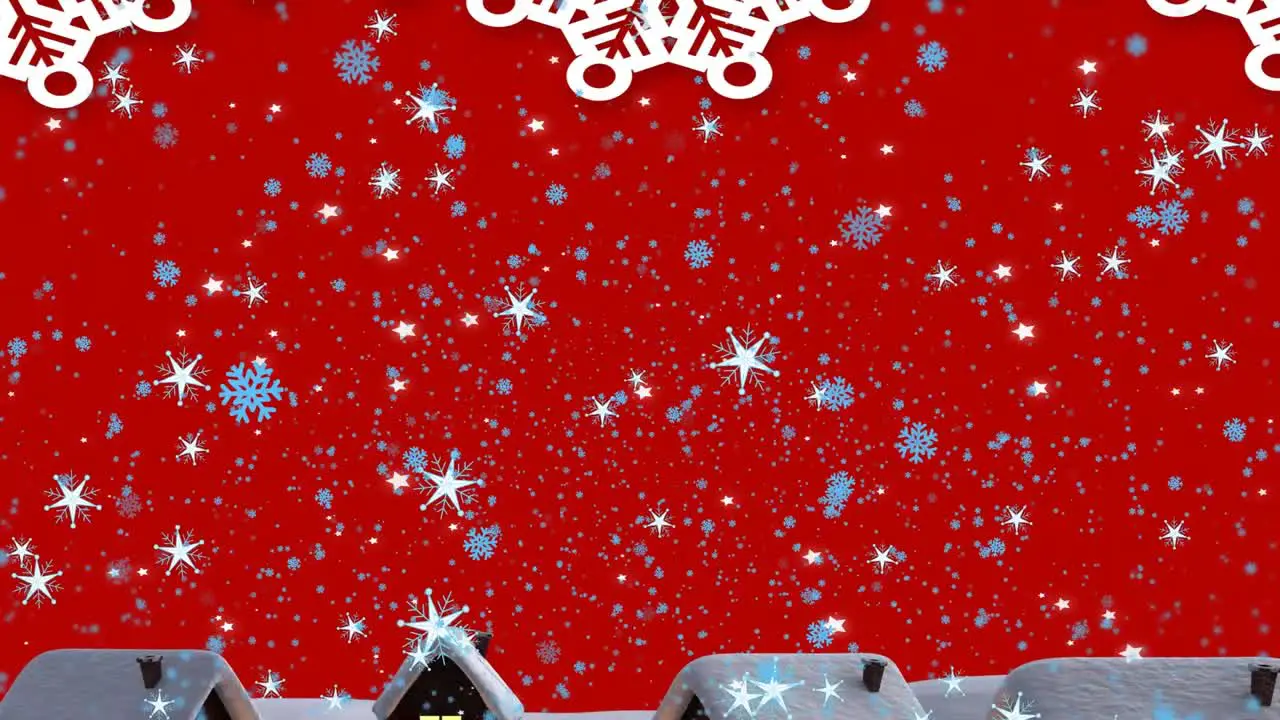 Animation of illuminated stars and snowflakes falling on houses against red background