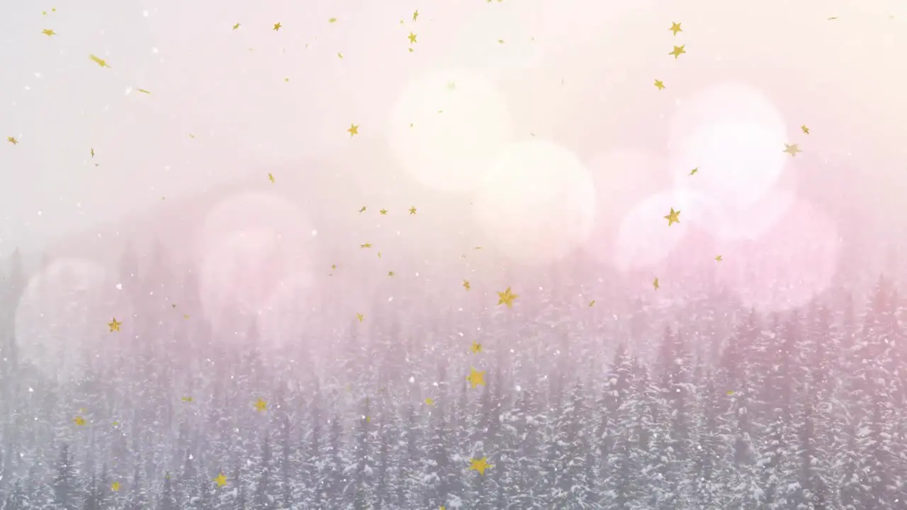 Animation of star shaped confetti floating over pine trees against lens flares during foggy weather