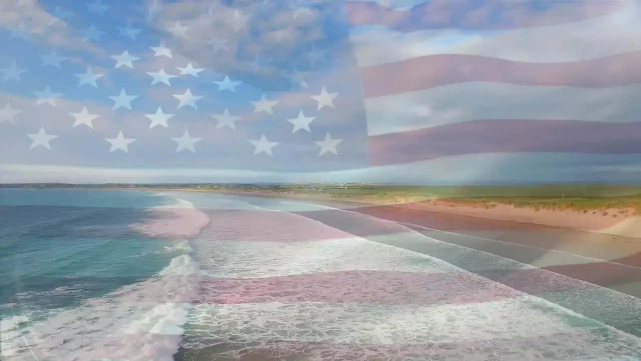 Animation of flag of america waving over sunny beach and sea