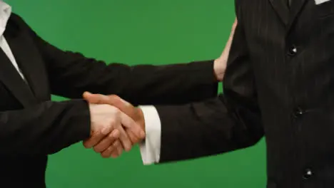 CU Two people in suits shake hands on green screen