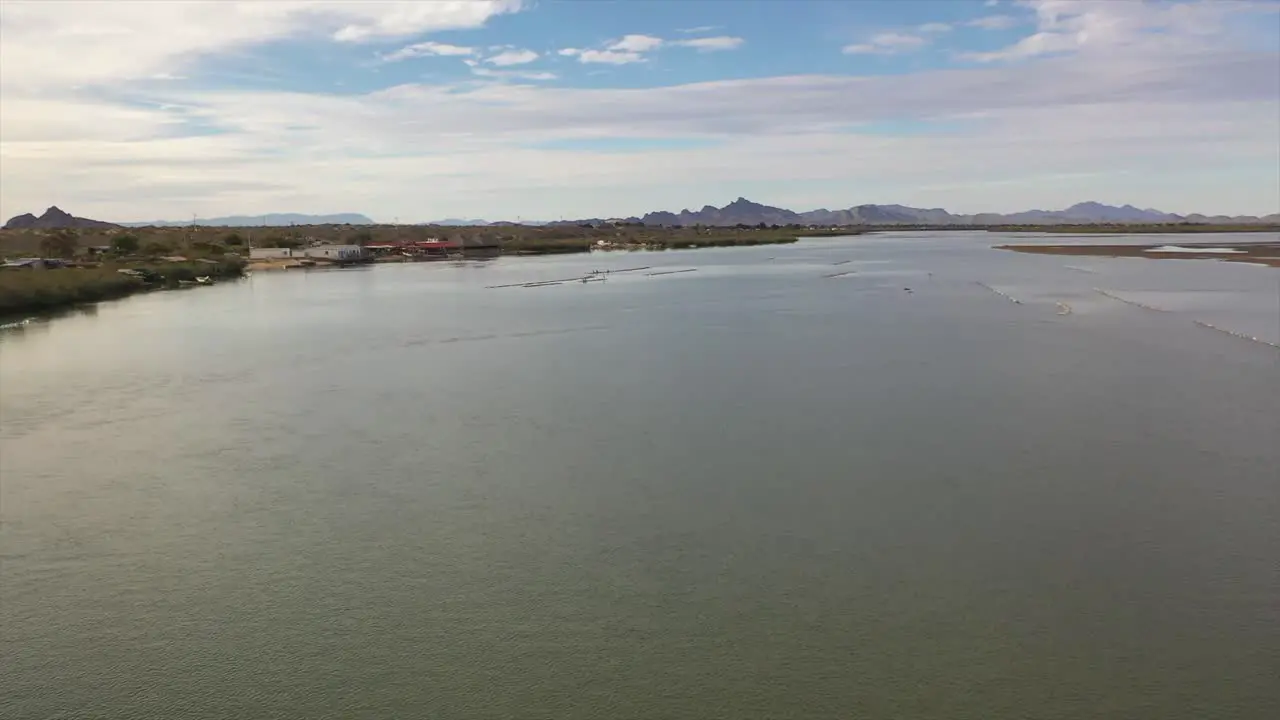 Aerial shot of oyster farm on the sea