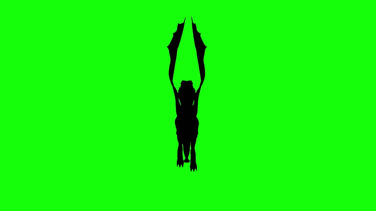 Silhouette of a fantasy creature monster dragon flying on green screen front view