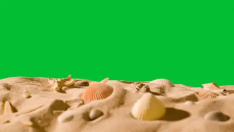 Summer Holiday Concept With Shells Starfish On Sandy Beach In Foreground Against Green Screen 1