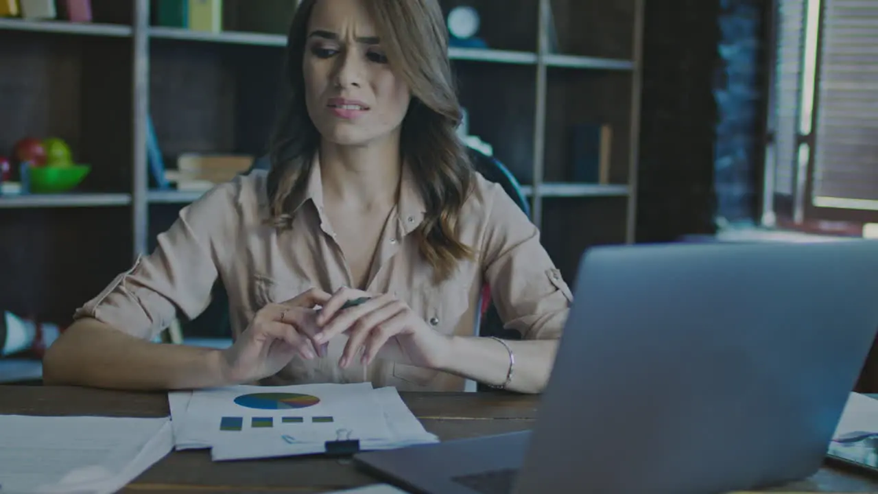 Upset woman reading market research document Business trouble Worried business