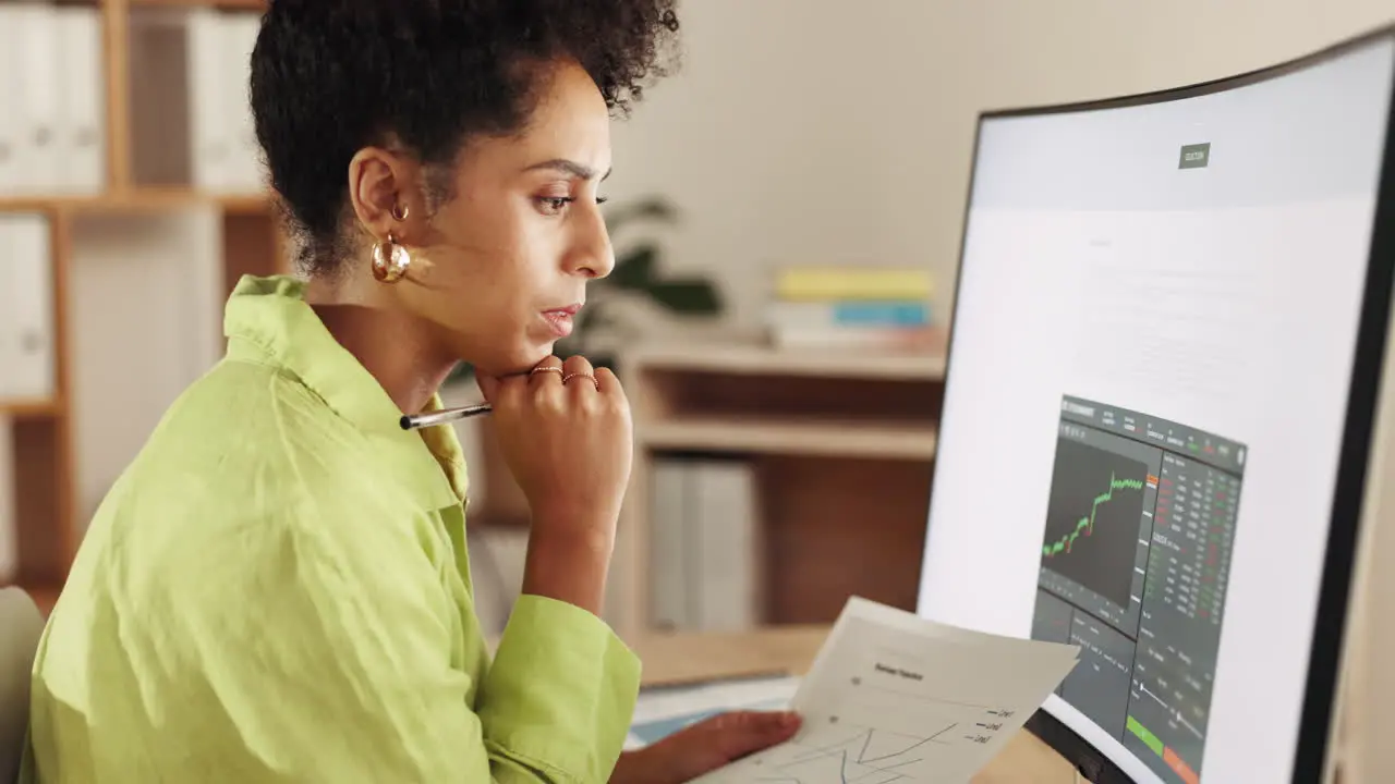 Office woman at desk and computer with charts