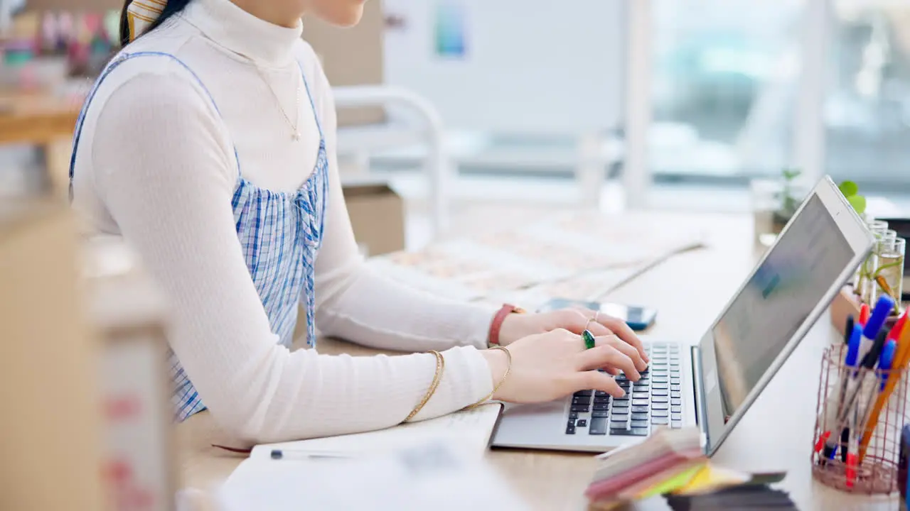 Ecommerce hands of woman at laptop with typing