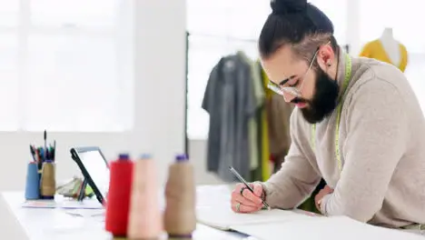 Fashion designer and man drawing in studio