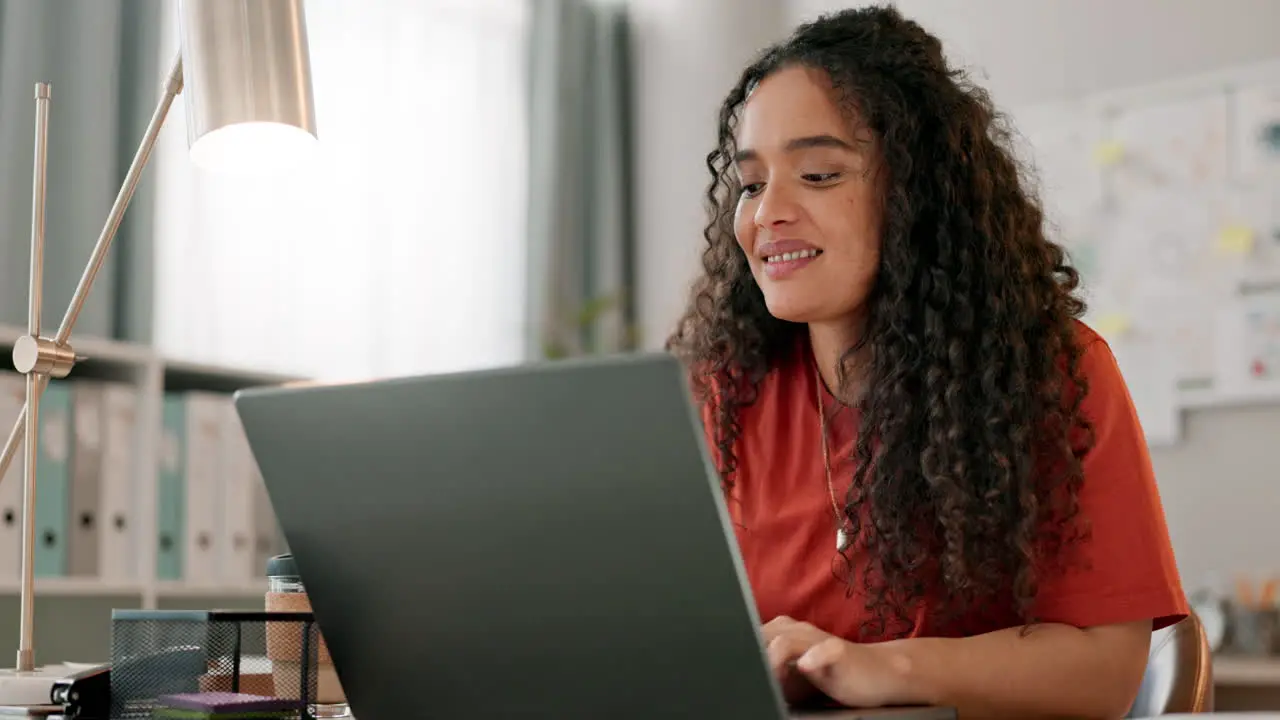 Laptop smile and design with a woman in a small