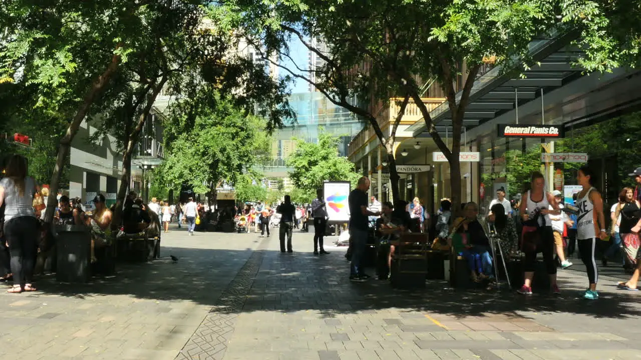 Australia Sydney Mall And People Under Shade Trees Pan