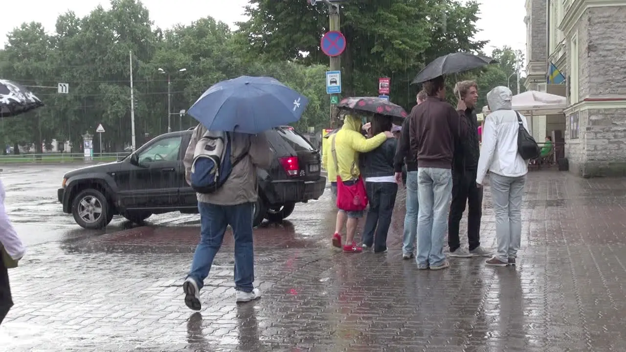 Tallinn Estonia people with umbrellas cross the street