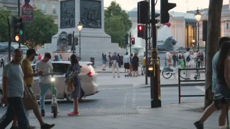 Trafalgar Square With Fountains Around Nelsons Column And Lion Statues In London England UK