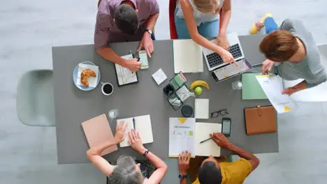 Top view startup office and team in meeting