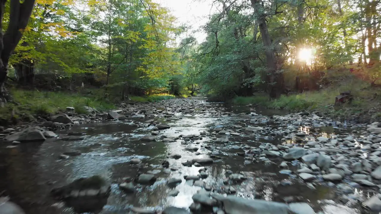 Low drone speed flight over small river at sunset-1