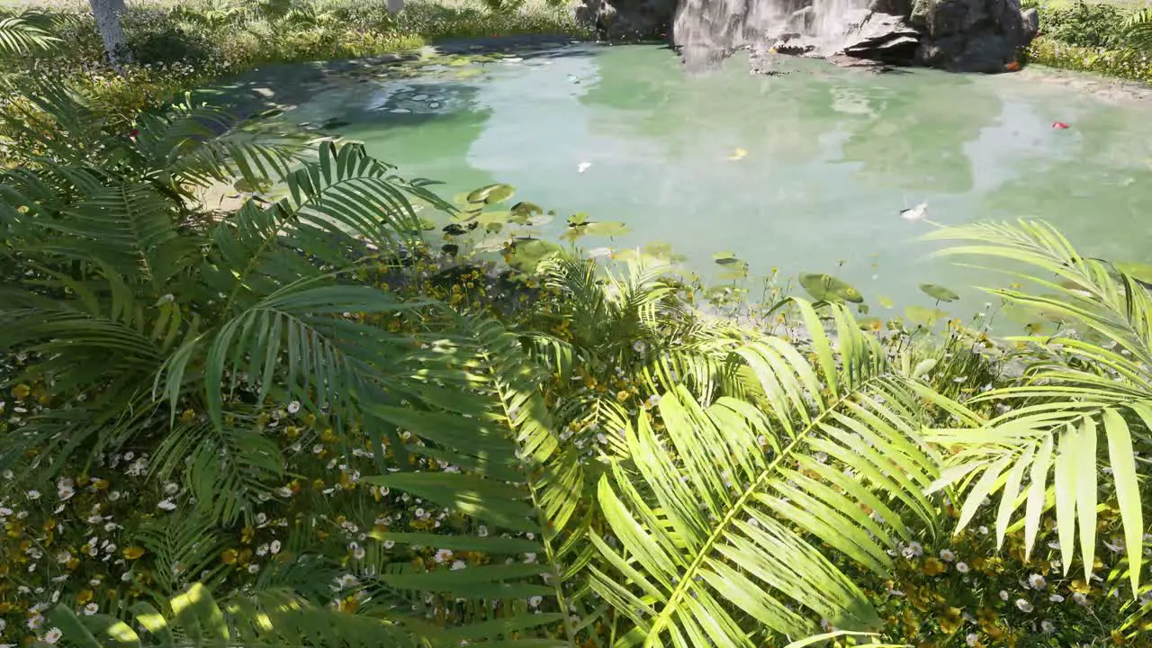 Colorful butterflies flying around randomly above a small pond with grass and flowers a natural environment 3D animation