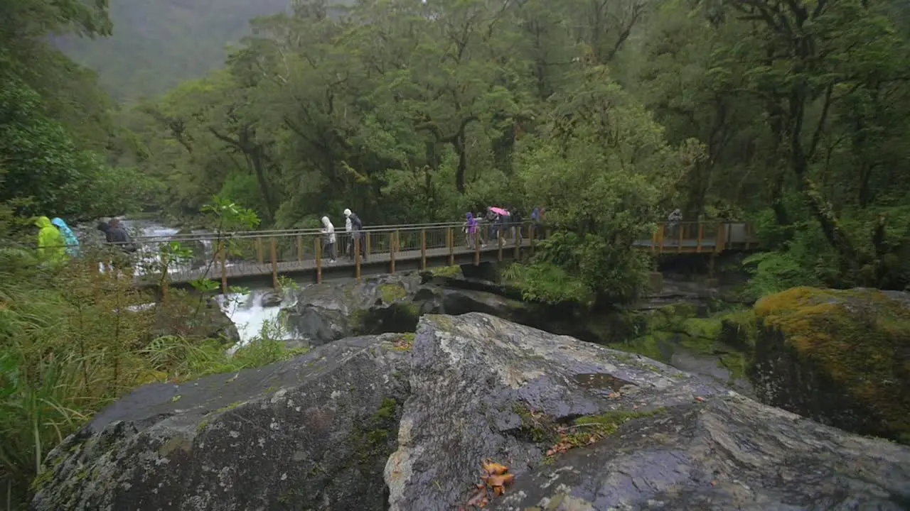 Tourists Walking Over Bridge in Rain