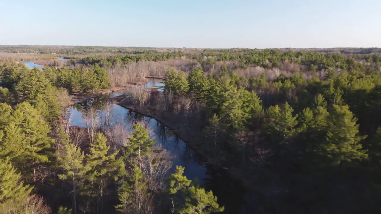 Push in drone river view surrounded by forest and trees at golden hour Highlands02