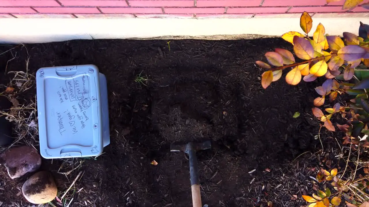 Digging a hole and dispersing dirt from the ground of a flower garden while the plastic case with a dead family pet lays waiting to be buried in slow motion