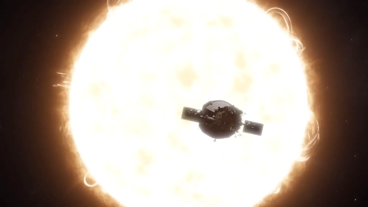 Close Establishing Shot of the Parker Solar Probe Orbiting the Sun