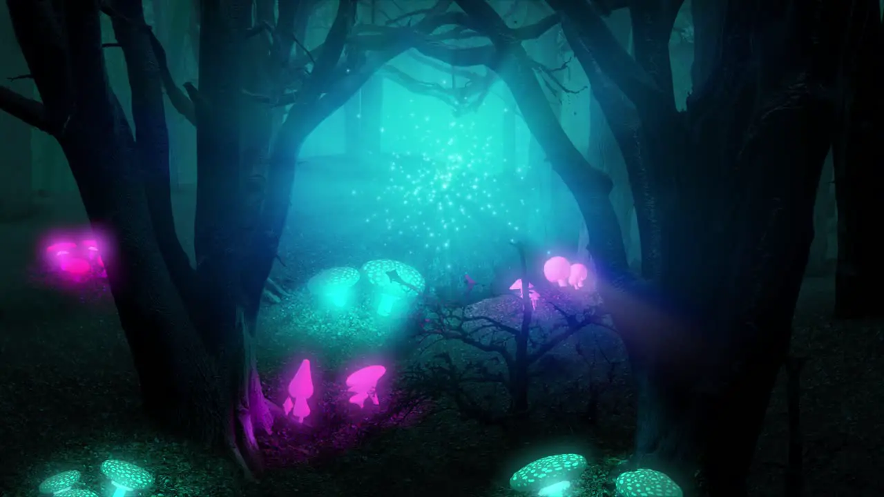 Dropping in on a magical night in the Enchanted Woods lit up with a blue glow from glittering cloud of tiny excited blue faires with glowing mushrooms and plants dotted across the forest floor