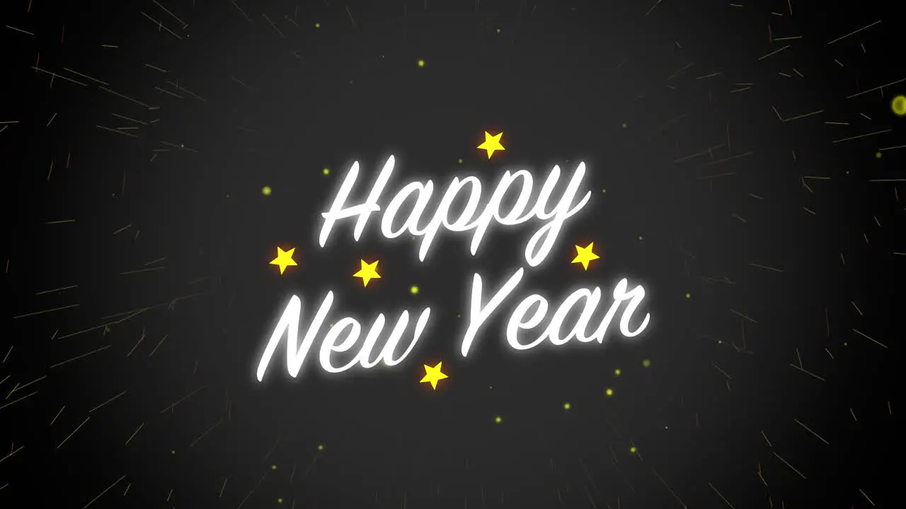 Animated motion graphics white happy new year celebration with light stars and fireworks alpha looping particle glow visual effect text title background 4K black white