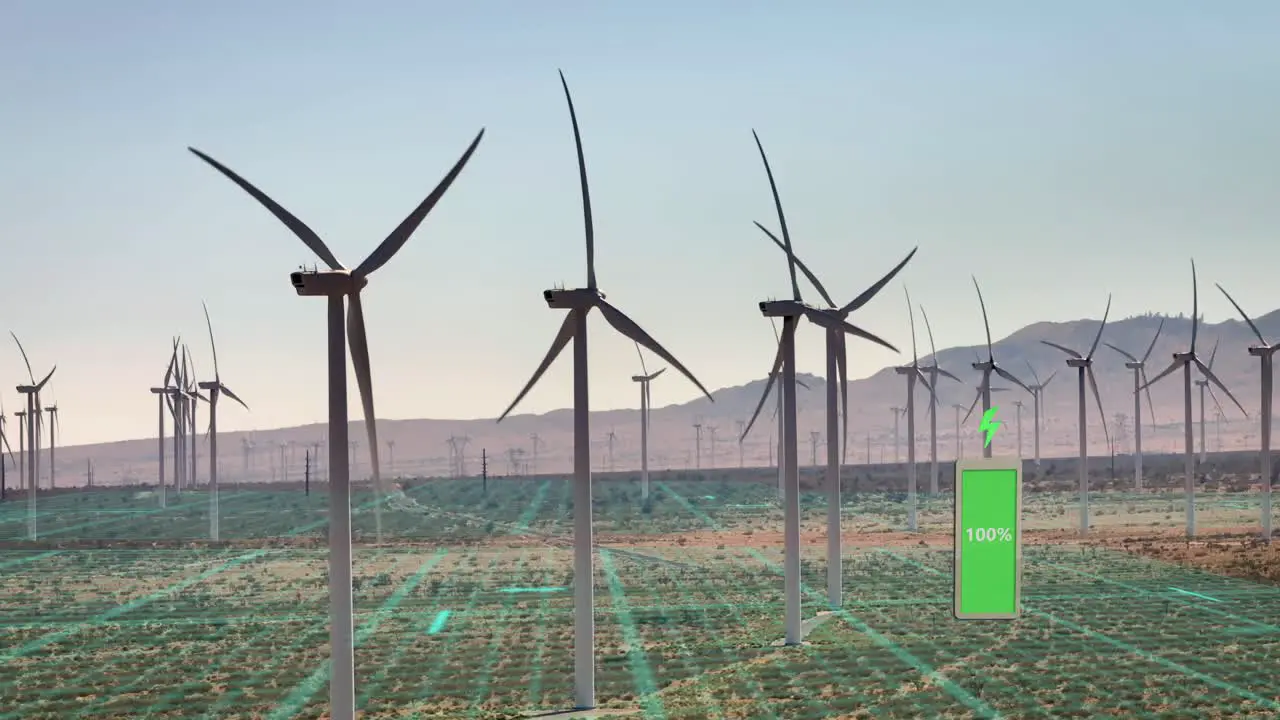 Rows of turbines harness the power of the wind to generate electricity and charge batteries 3D Overlay