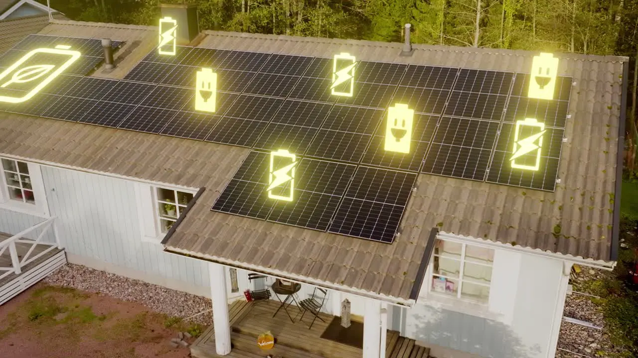 Electricity and sustainability icons on a house roof full of solar panels 3D render