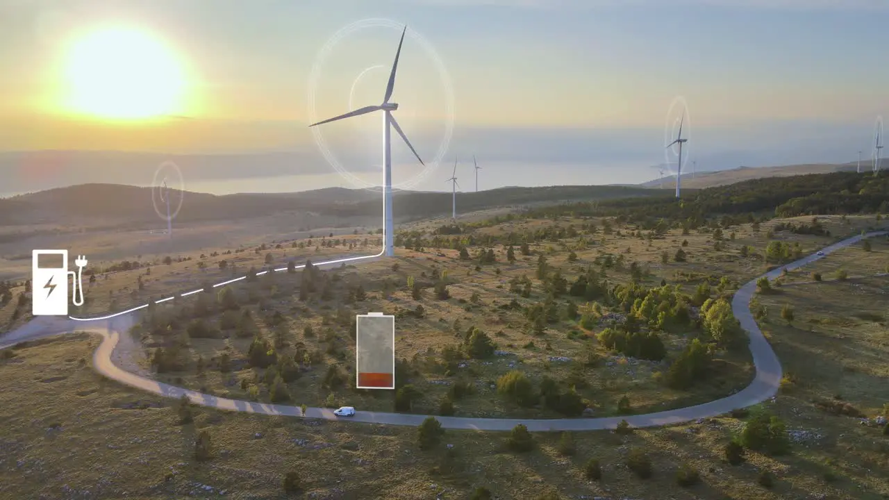 Electric car driving to a wind turbine powered charging station VFX render